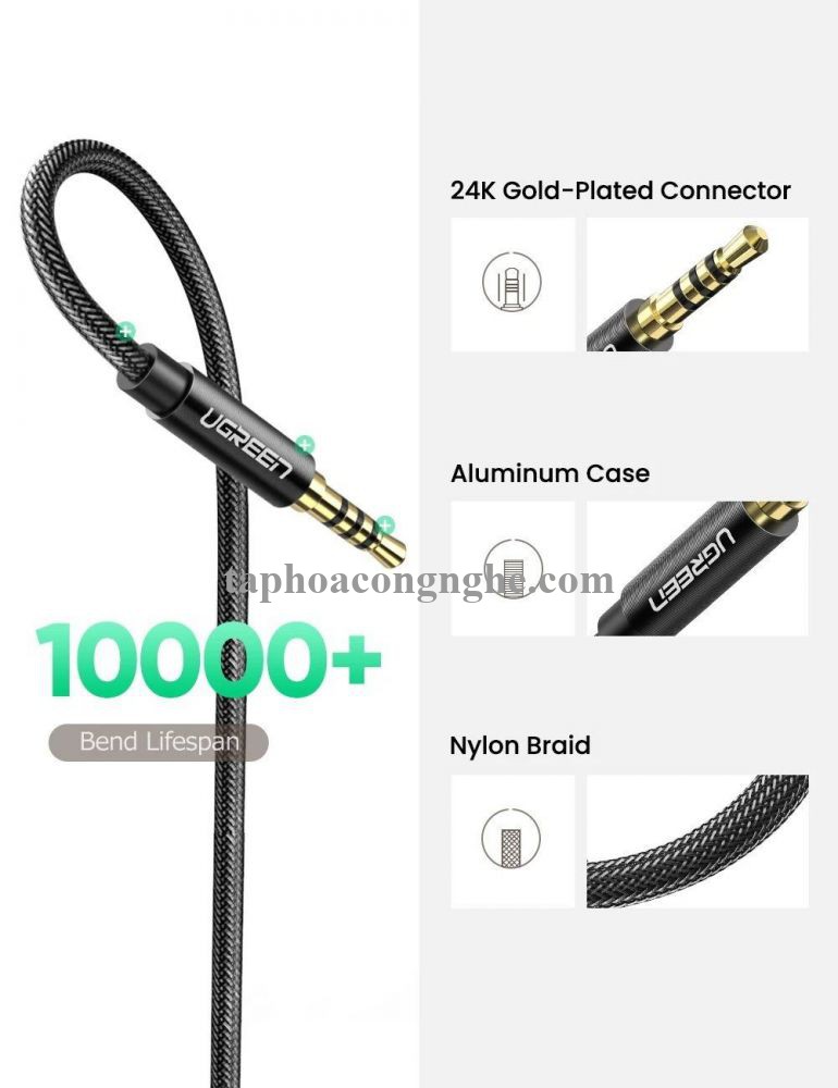 Ugreen 60845 0.5M màu đen 3.5mm 3 ngấn nối dài Cáp âm thanh dây bện nylon 50cm hỗ trợ micro AV118 30060845
